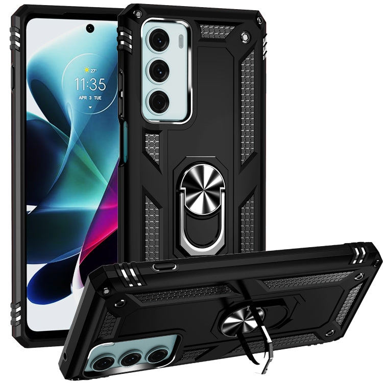 Rugged black phone case with ring kickstand, raised camera protection, and bumper edges.