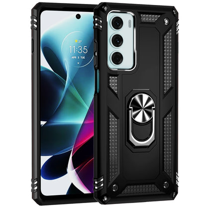 Rugged black phone case with ring kickstand and textured grip panels around the edges.