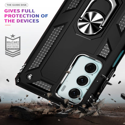 Rugged black phone case with ring kickstand, textured sides, and camera cutouts.