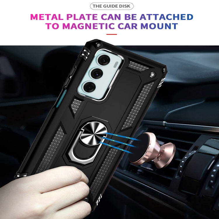 Rugged black phone case with metal ring kickstand and grippy texture on the sides.