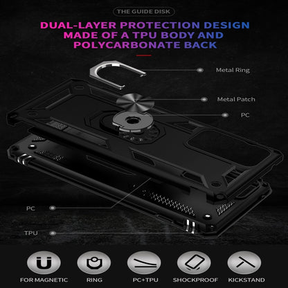Rugged black phone case back design with ring kickstand, PC base, and TPU protection.