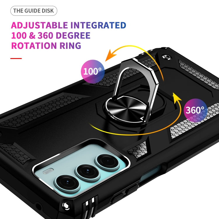 Rugged black phone case with adjustable metal ring kickstand and camera cutout frame.