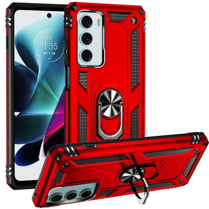 Rugged red phone case with ring kickstand and raised camera protection on the bumper.