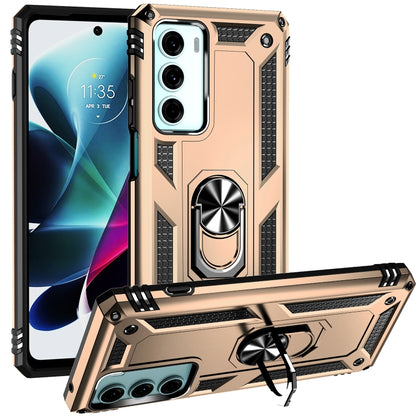 Rugged gold phone case with ring kickstand and textured side grip for secure hold.