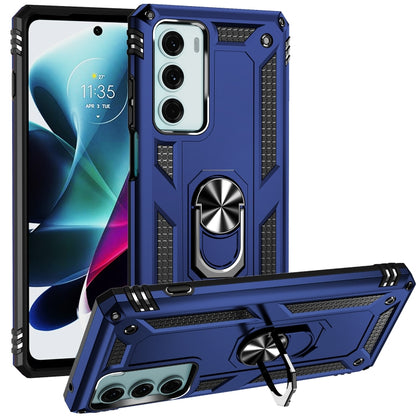 Rugged blue phone case with ring kickstand and raised camera protection on the bumper.