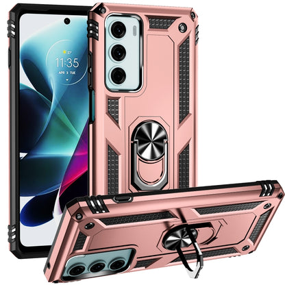 Rose gold shockproof phone case with built-in kickstand and rugged TPU/PC frame