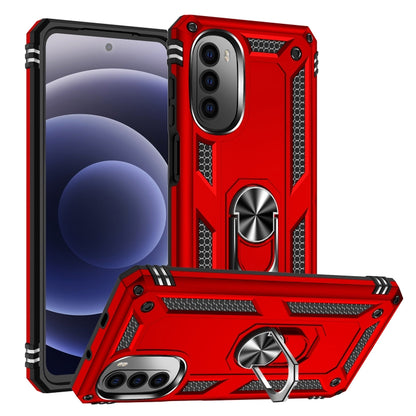 Red shockproof phone case with built-in kickstand and rugged TPU/PC frame