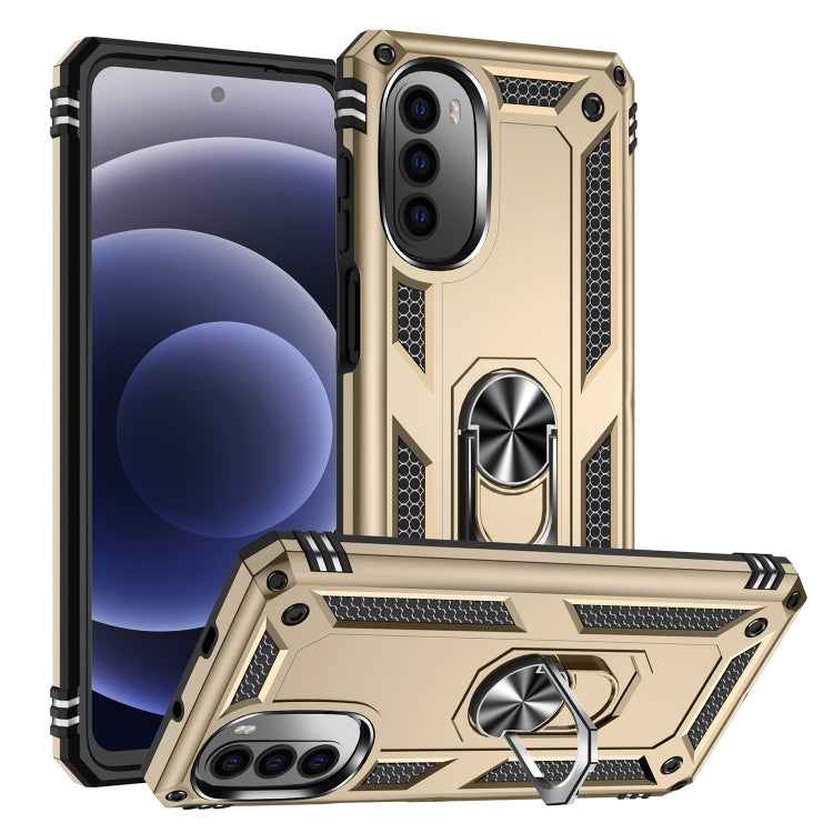 Gold shockproof phone case with built-in kickstand and rugged TPU/PC frame