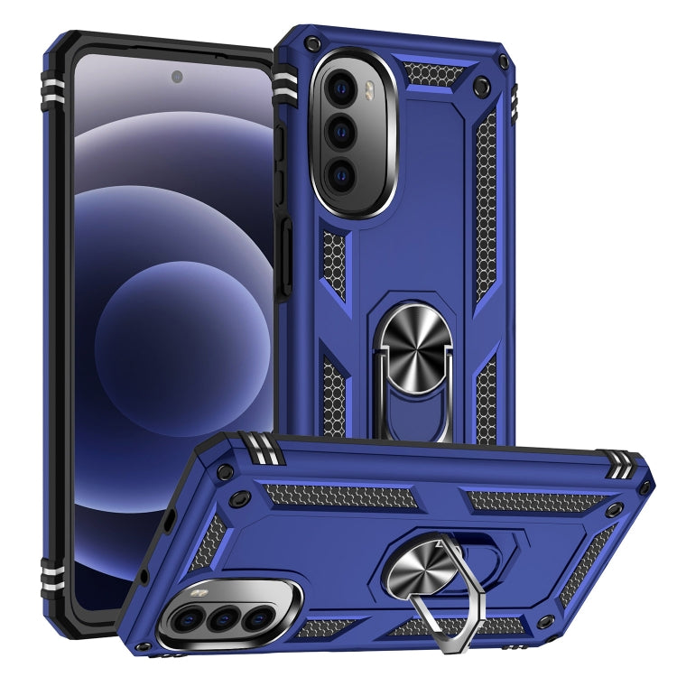 Blue shockproof phone case with built-in kickstand and rugged TPU/PC frame