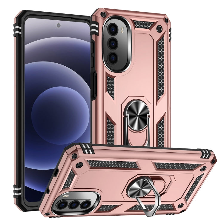 Pink/rose shockproof phone case with built-in kickstand and rugged TPU/PC frame