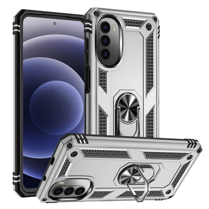 Silver shockproof phone case with built-in kickstand and rugged TPU/PC frame