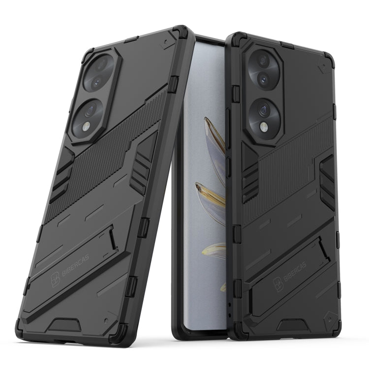 Rugged 2-in-1 shockproof case, front and back views, dual-camera cutouts, dark grey
