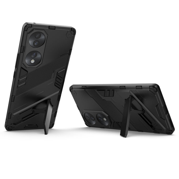 Rugged 2-in-1 shockproof case with foldable kickstand, dual-camera cutouts, dark grey