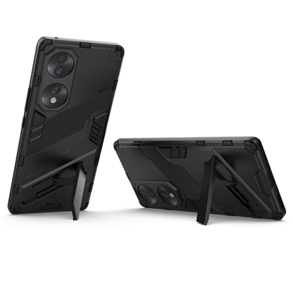 Rugged 2-in-1 shockproof case with foldable kickstand, dual-camera cutouts, dark grey