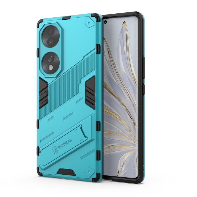Rugged phone case, turquoise/blue hard shell with dual camera cutouts and shockproof armor