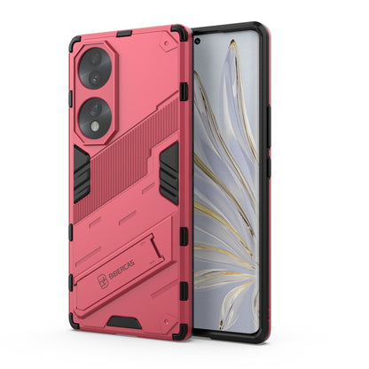 Rugged phone case, pink/red hard shell with dual camera cutouts and shockproof armor