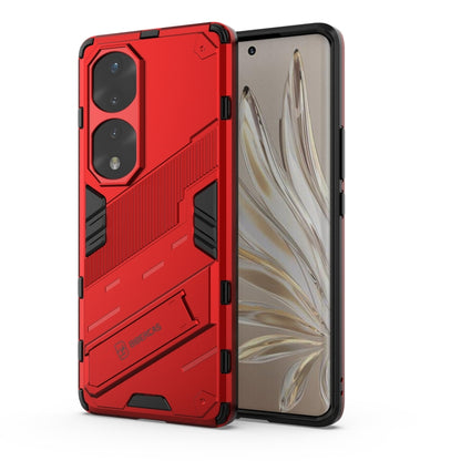 Rugged phone case, red hard shell with dual camera cutouts and shockproof armor