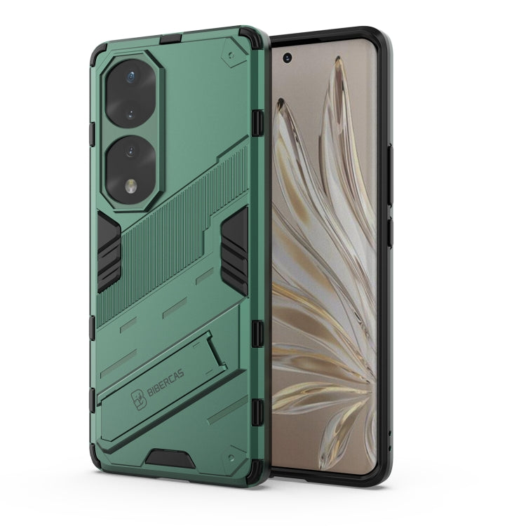 Rugged phone case, green hard shell with dual camera cutouts and shockproof armor