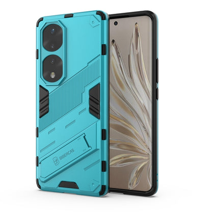 Rugged phone case, turquoise/blue hard shell with dual camera cutouts and shockproof armor