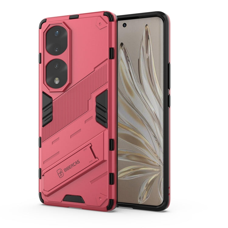 Rugged phone case, pink/red hard shell with dual camera cutouts and shockproof armor