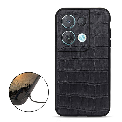 Crocodile-texture genuine leather phone case, black; visible camera openings and rings