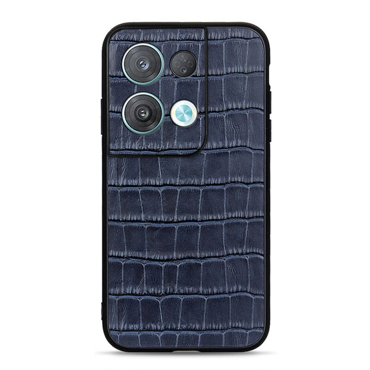 Crocodile-texture genuine leather phone case, blue, front view with camera openings