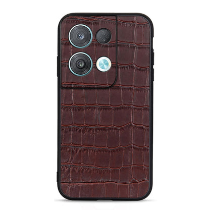 Crocodile-texture genuine leather phone case, dark brown/burgundy, with camera cutouts