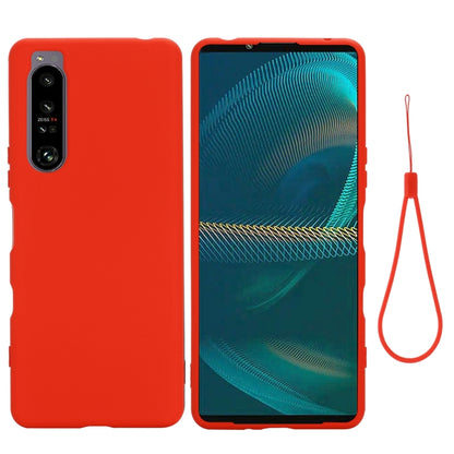 Red shockproof silicone phone case for Sony Xperia 1 IV, back and front view with strap