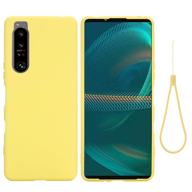 Yellow shockproof silicone phone case for Sony Xperia 1 IV, back and front view with strap