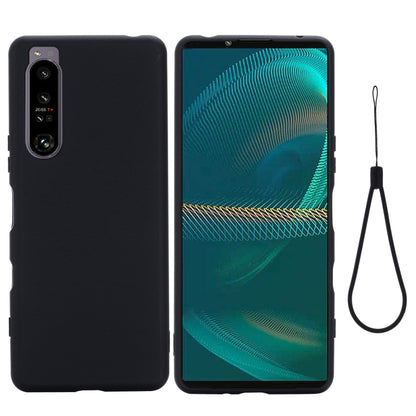 Black shockproof silicone phone case for Sony Xperia 1 IV, back and front view with strap