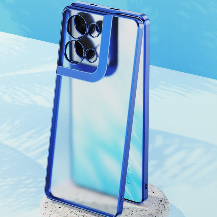 Blue frosted phone case with metal-effect frame and camera cutouts for OPPO Reno8