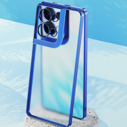 Blue frosted phone case with metal-effect frame and camera cutouts for OPPO Reno8