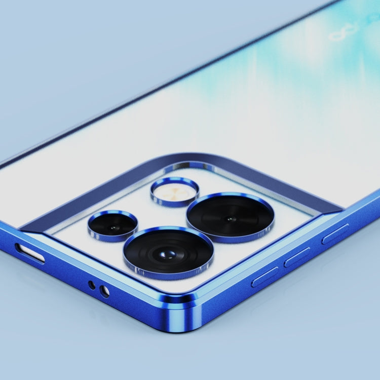 Blue electroplated frosted phone case showing camera lens openings for OPPO Reno8