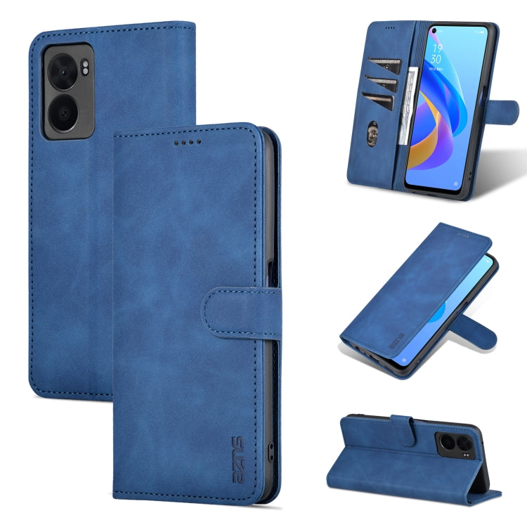 AZNS blue flip phone case with faux leather texture, card slot, and stand