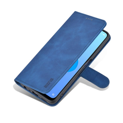 Blue flip phone case with built-in stand strap, angled viewing angle