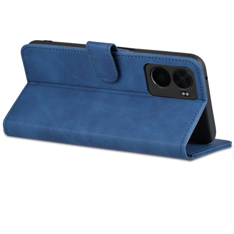 Blue flip phone case with side camera cutout and front flap with latch
