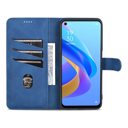 Blue flip phone case with wallet interior showing card slots and device opening