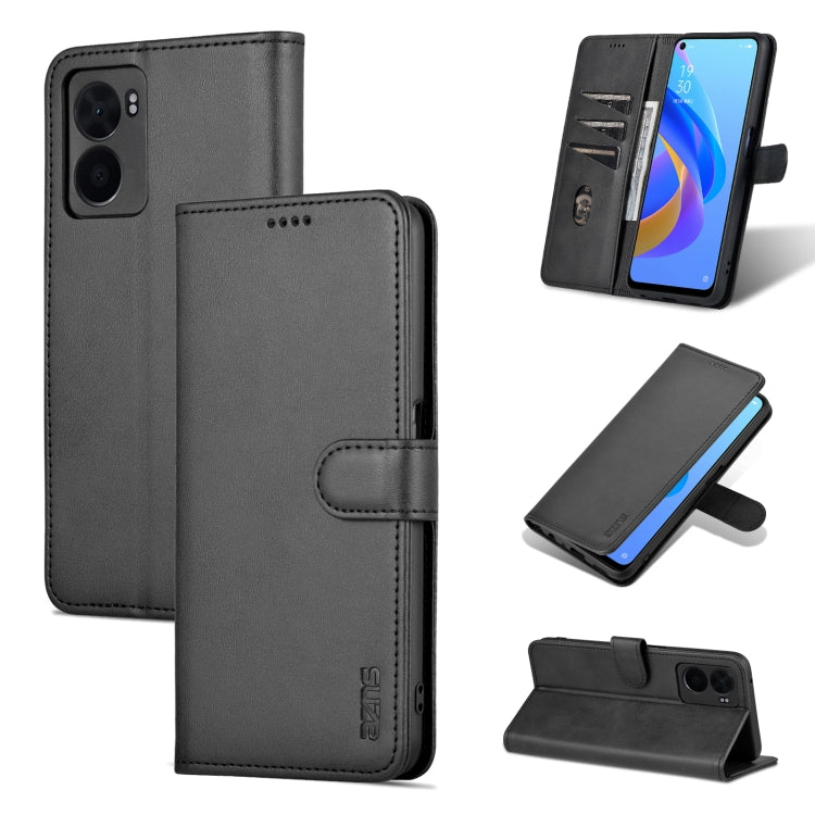 AZNS black flip phone case with faux leather texture, card slot, and stand