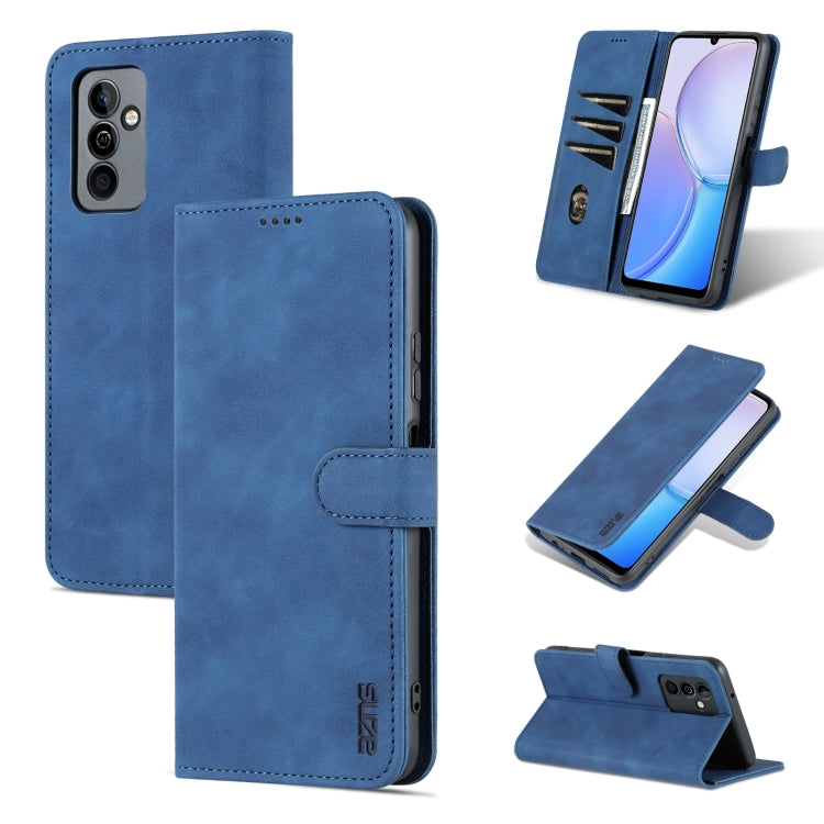 Blue flip leather phone case with stitched front flap and built-in stand