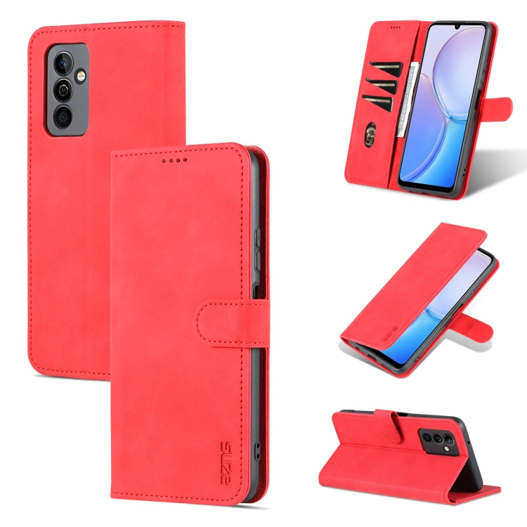 Red flip leather phone case with stitched front flap and built-in stand