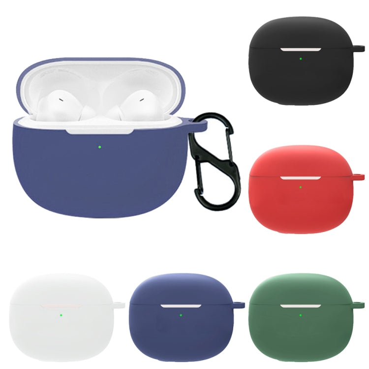 Silicone earphone cases in multiple colors with earbuds inside and keyring