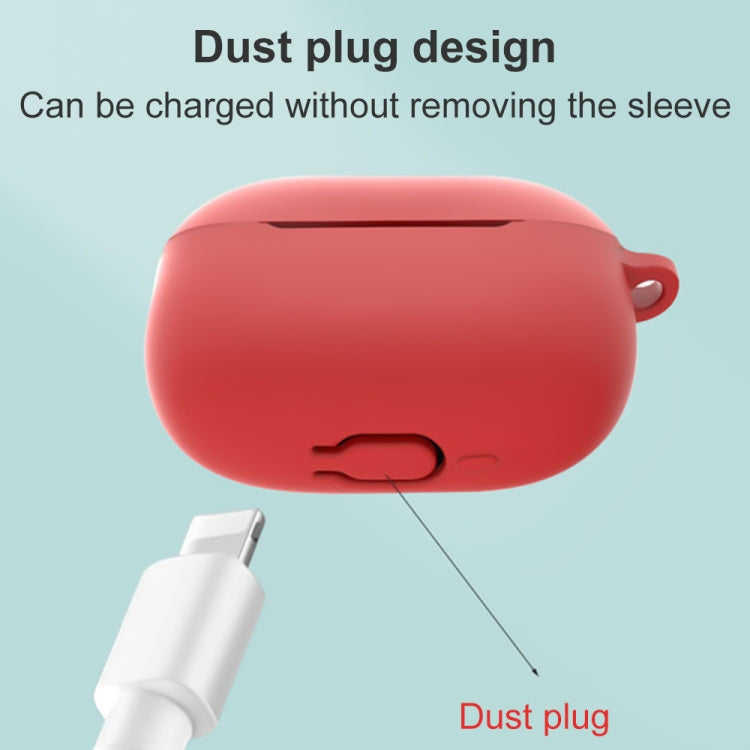 Red silicone earphone case with dust plug covering the charging port opening