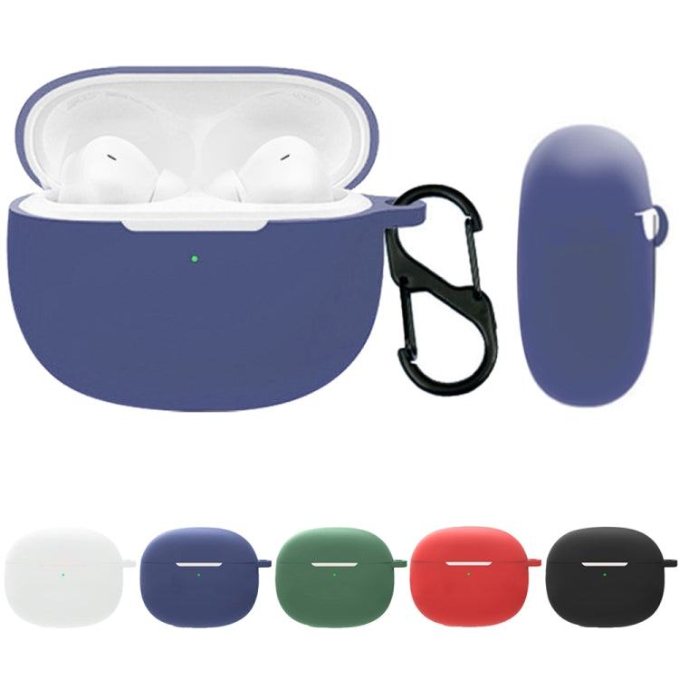 Silicone earphone case with open lid and earbuds inside; includes blue clip case