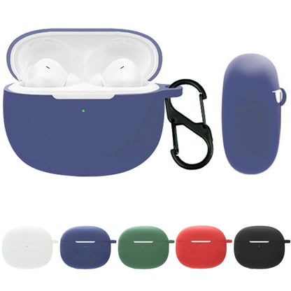 Silicone earphone case with open lid and earbuds inside; includes blue clip case