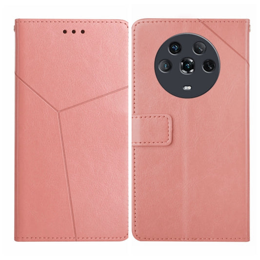 Rose gold leather flip phone case with horizontal stitching and camera cutout