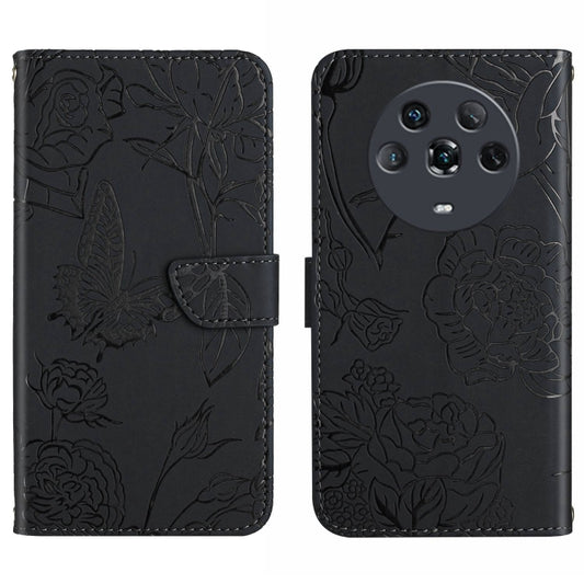 Black embossed leather-look phone case with floral butterfly peony pattern and flip cover
