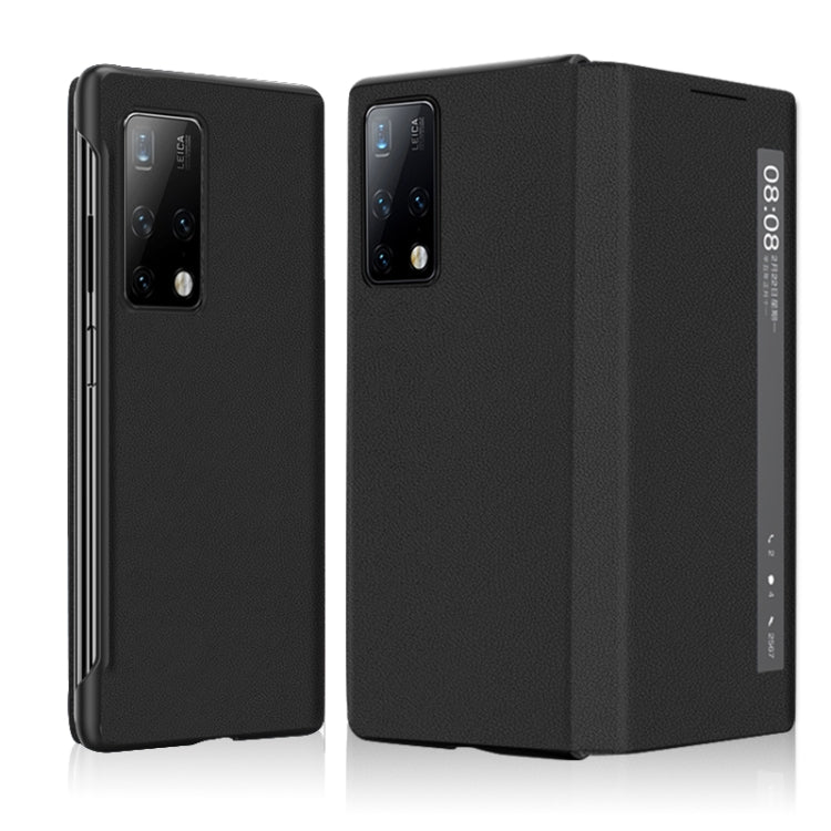 Leather-textured flip phone case for foldable phone, black, with camera cutout