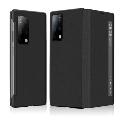 Leather-textured flip phone case for foldable phone, black, with camera cutout