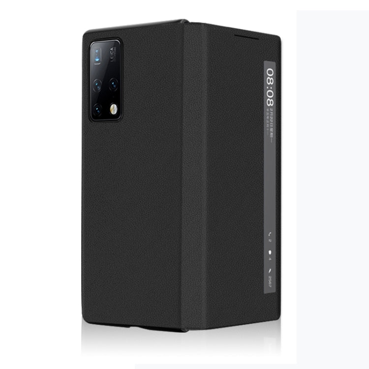 Leather-textured flip phone case, black, with horizontal ID touch display window
