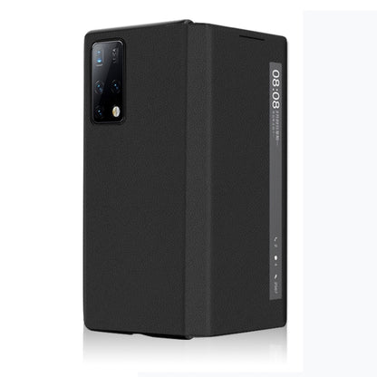 Leather-textured flip phone case, black, with horizontal ID touch display window